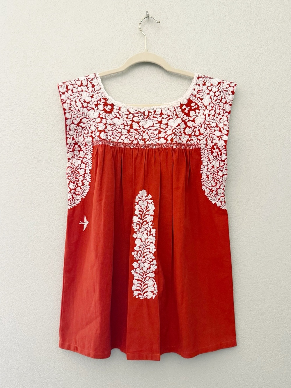 Mi Golondrina Flores Embroidered Top Med Rust Burnt Orange Huipil Oaxaca Mexican